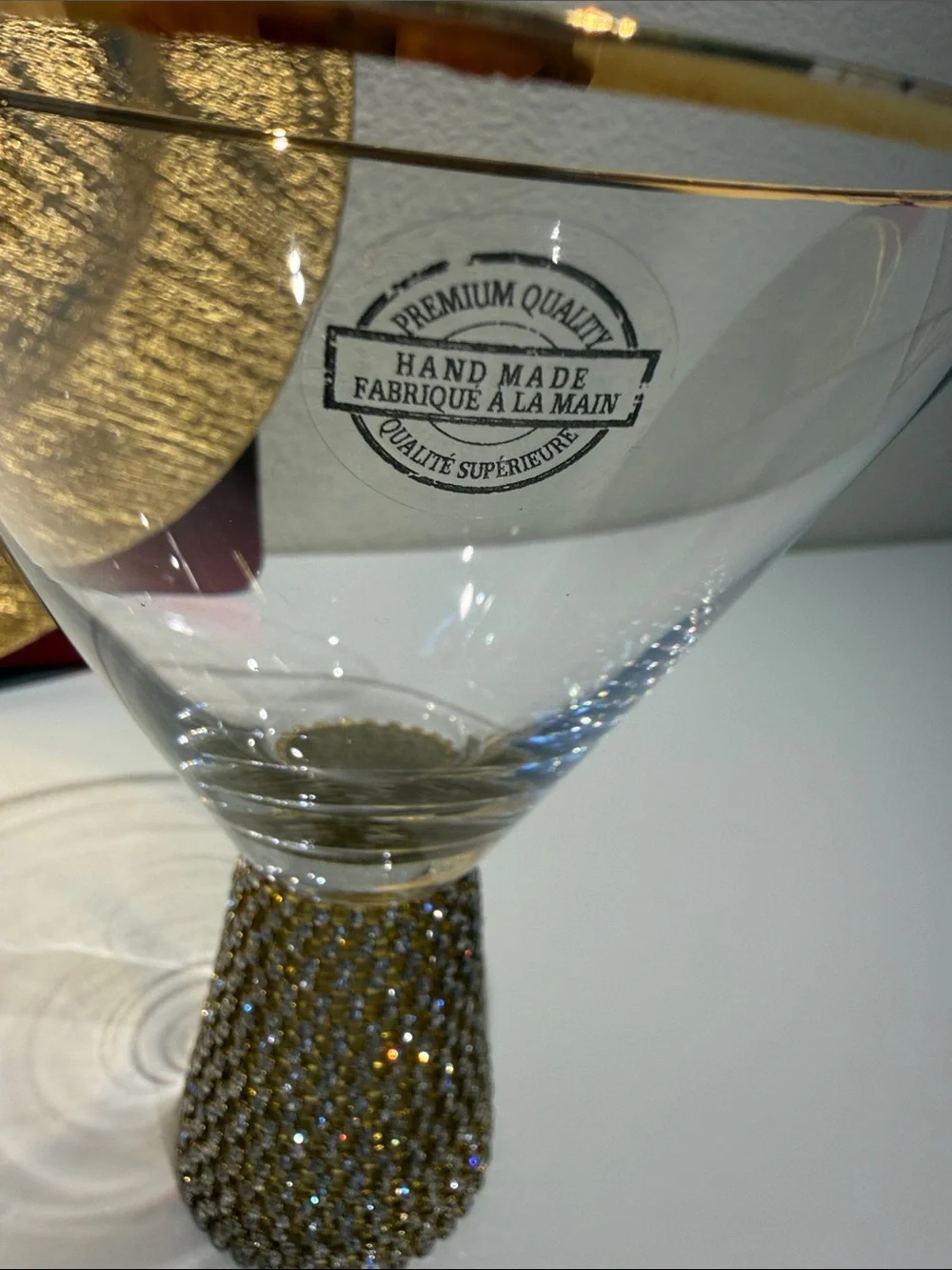 Bling Gold-Trimmed Martini Glasses with Rhinestone Bases